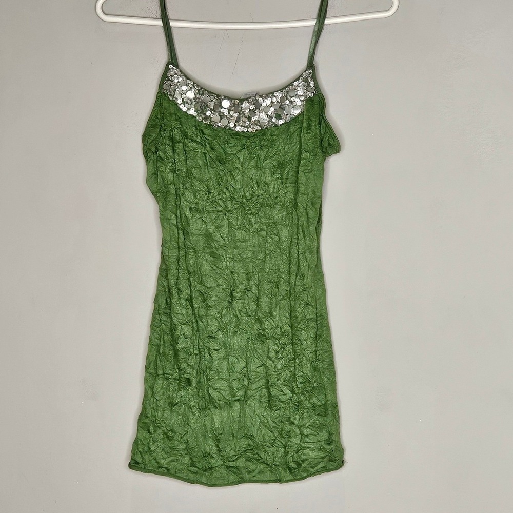 Y2K Charlotte Russe Babydoll Tank Green Sequin Embellished Spaghetti Strap Boho